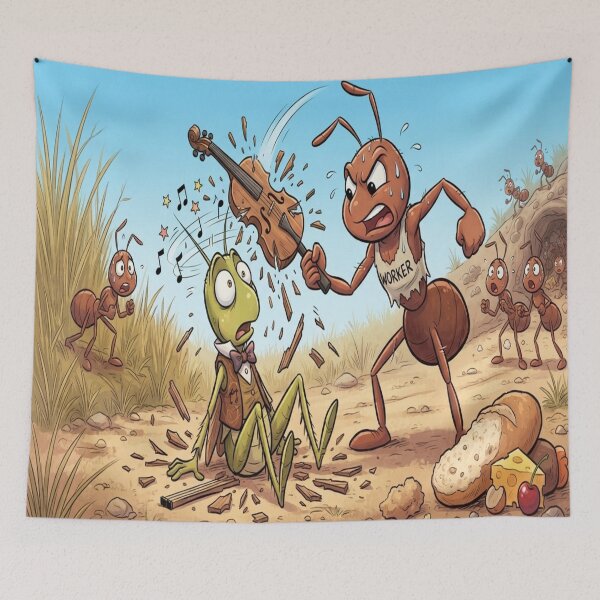 Item preview, Angry Ant Playing Violin to Frustrated Grasshopper Funny Art Print designed and sold by AfresStudio.