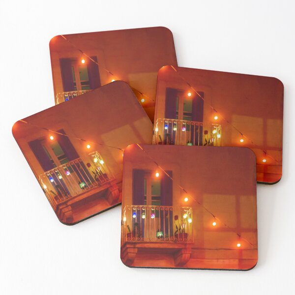 Item preview, Warm Night Balcony With String Lights and Colorful Bulbs Over Stone Building designed and sold by Nmallia.