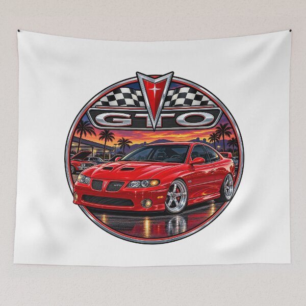 Item preview, Classic Red GTO Custom Muscle Car Sunset Palm Trees Emblem Design designed and sold by alwaysadeal.