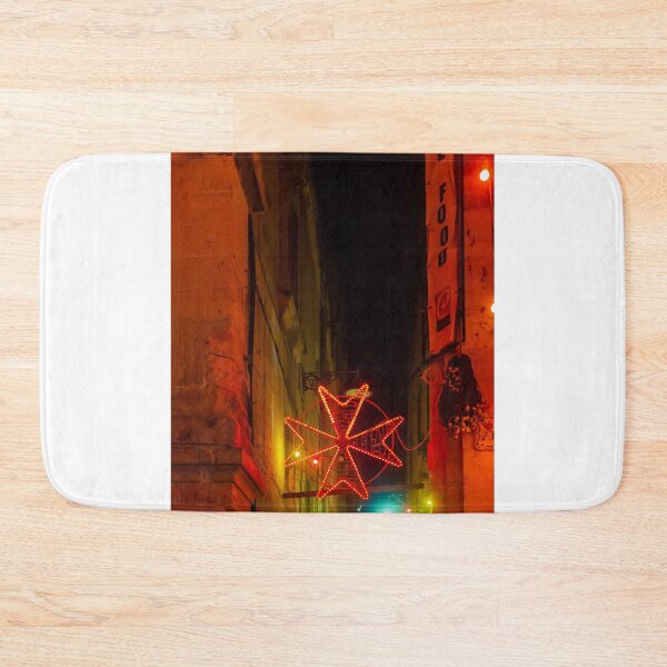 Item preview, Neon Red Star Light Decoration Over Narrow Night Street in Old Town Alleys designed and sold by Nmallia.