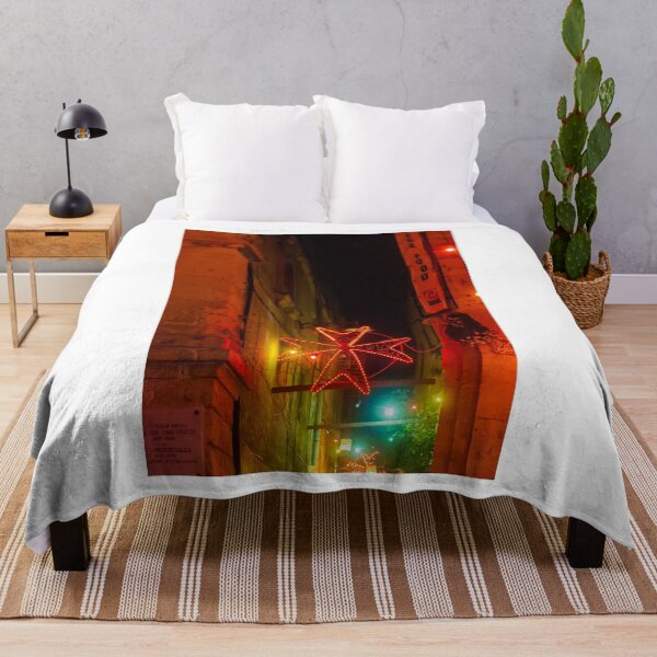 Item preview, Neon Red Star Light Decoration Over Narrow Night Street in Old Town Alleys designed and sold by Nmallia.