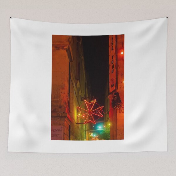Item preview, Neon Red Star Light Decoration Over Narrow Night Street in Old Town Alleys designed and sold by Nmallia.