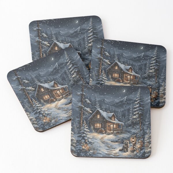 Item preview, Cozy Winter Cabin Tapestry – Snowy Woodland Raccoon Cottagecore Wall Art designed and sold by Ameliajohanson.