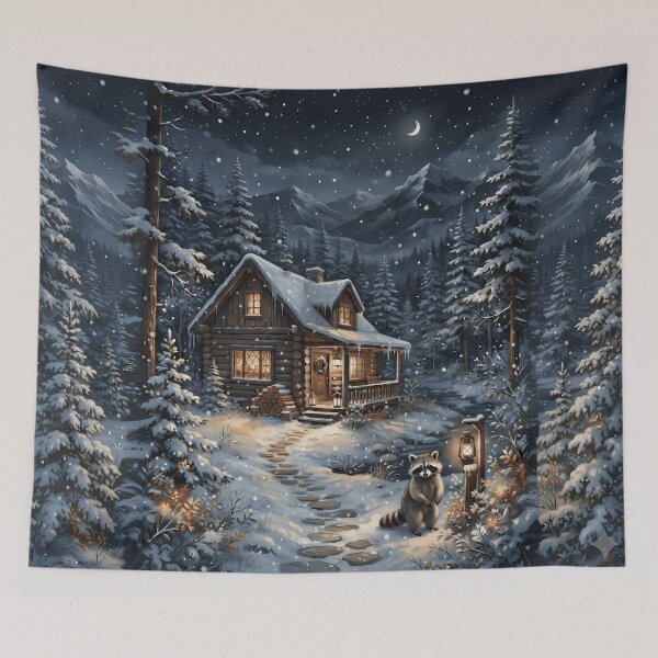 Item preview, Cozy Winter Cabin Tapestry – Snowy Woodland Raccoon Cottagecore Wall Art designed and sold by Ameliajohanson.