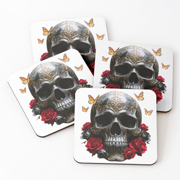 Item preview, Gothic Gold Filigree Skull with Red Roses designed and sold by FireMelody.