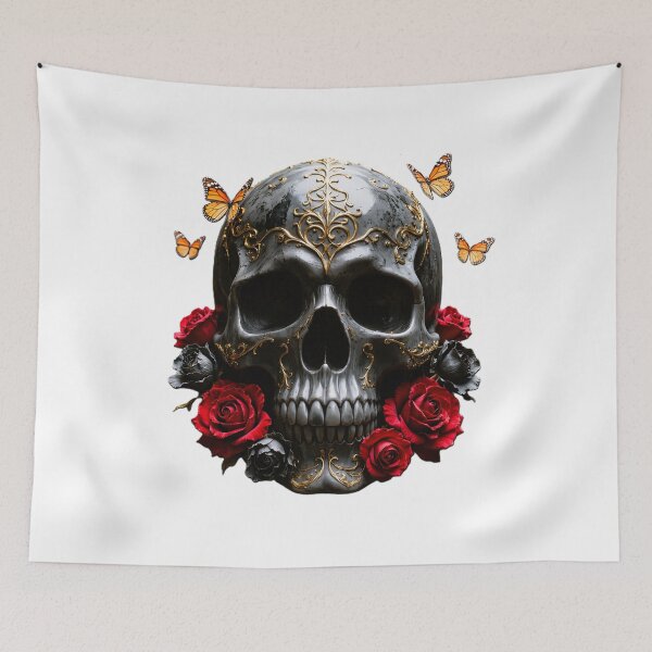 Item preview, Gothic Gold Filigree Skull with Red Roses designed and sold by FireMelody.