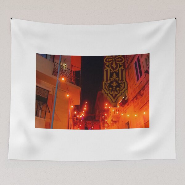 Item preview, Night Street With Warm Orange Lights, Ornate Mural, And Decorative Balconies In Old Town designed and sold by Nmallia.