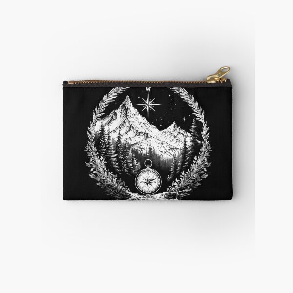Item preview, Mountain Compass and Pine Forest Wilderness Adventure Black and White Art designed and sold by inkoutninja.