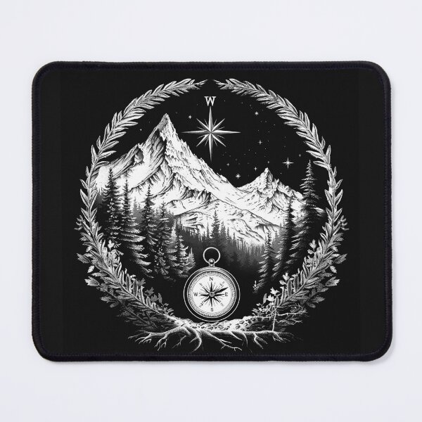 Item preview, Mountain Compass and Pine Forest Wilderness Adventure Black and White Art designed and sold by inkoutninja.