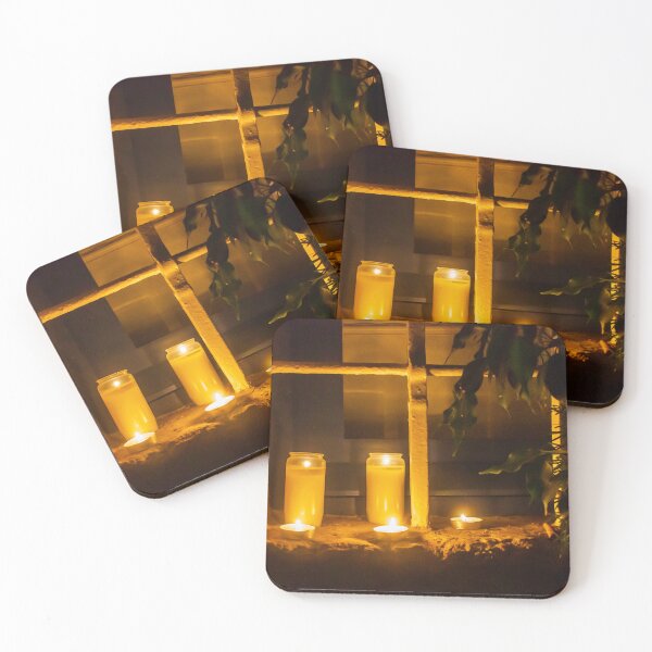 Item preview, Warm Candlelight In Glass Jars On Stone Ledge By Window At Night Creating Cozy Evening Mood designed and sold by Nmallia.
