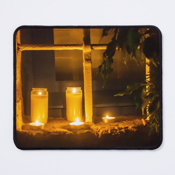 Item preview, Warm Candlelight In Glass Jars On Stone Ledge By Window At Night Creating Cozy Evening Mood designed and sold by Nmallia.