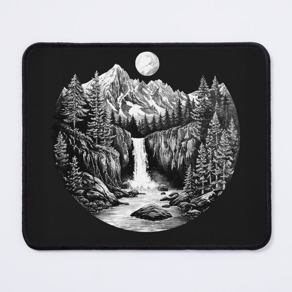 Item preview, Moonlit Mountain Waterfall Pine Forest Wilderness Black and White Art designed and sold by inkoutninja.