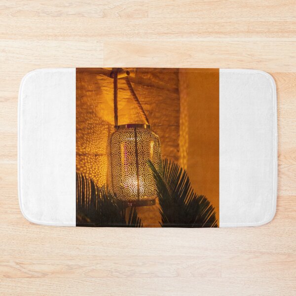 Item preview, Warm Moroccan Lantern Glow Illuminates Cozy Indoor Setting With Stone Wall and Palm Leaves designed and sold by Nmallia.