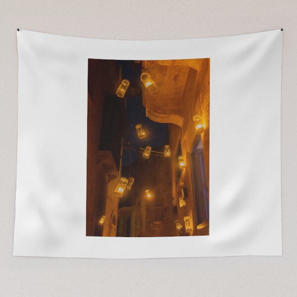 Item preview, Warm Amber Jar Lanterns Dangling Over Narrow Night Alley Creating Cozy Street Scene Atmosphere Warmth designed and sold by Nmallia.