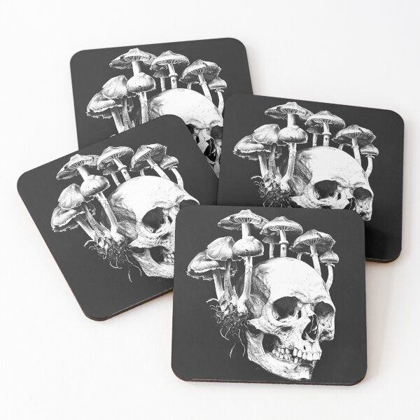 Item preview, Skull with Mushrooms Gothic Fungi Mycology Black and White Art Design designed and sold by inkoutninja.