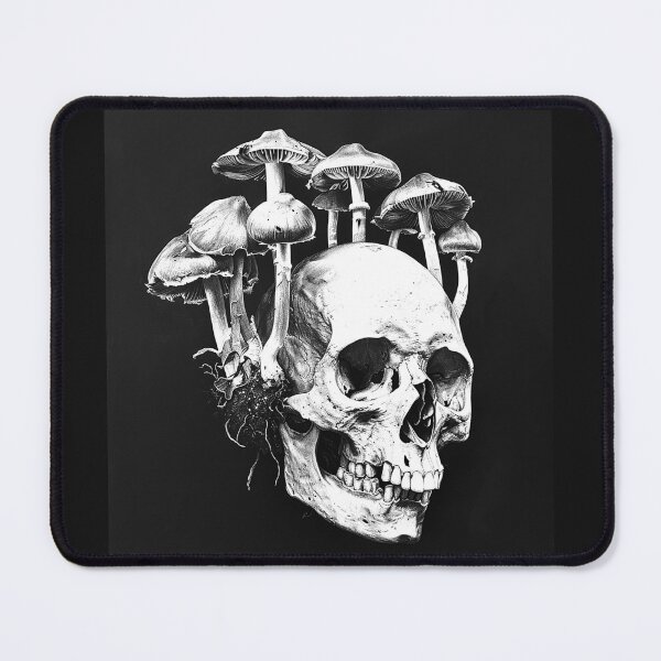 Item preview, Skull with Mushrooms Gothic Fungi Mycology Black and White Art Design designed and sold by inkoutninja.