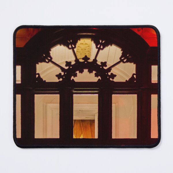 Item preview, Ornate Glass Door With Decorative Arch, Warm Interior Lighting, Dimly Lit Vintage Hallway Scene designed and sold by Nmallia.