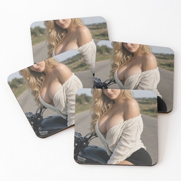 Item preview, Blonde Woman in White Blouse sitting on Motorcycle designed and sold by Holub Art Studio & design.