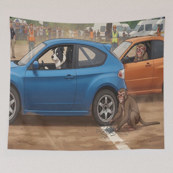 Item preview, Chimpanzee Driving Blue Car Funny Primate Art Print designed and sold by AfresStudio.