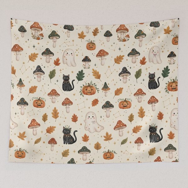 Item preview, Spooky Mushroom Halloween Shower Curtain – Cute Cottagecore Ghost & Black Cat Bathroom Decor designed and sold by Ameliajohanson.