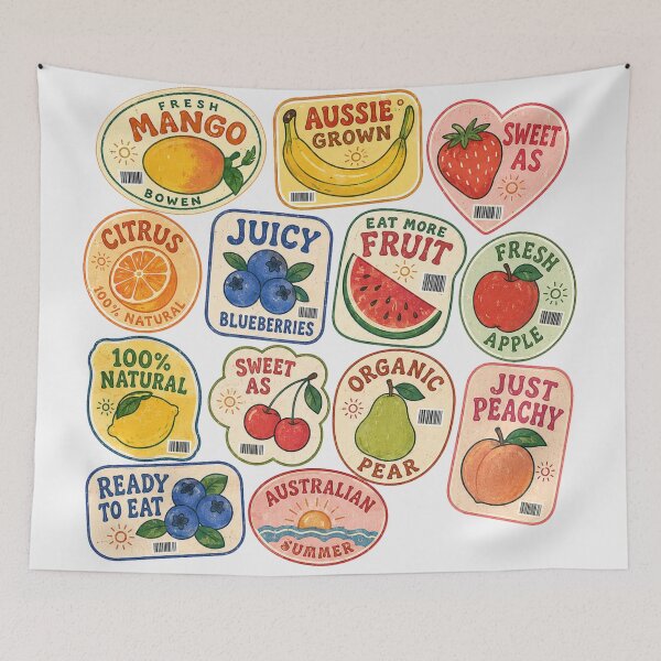 Item preview, Aussie Fruit Retro Produce Market Mango Banana Strawberry Summer designed and sold by Yellowriversss.