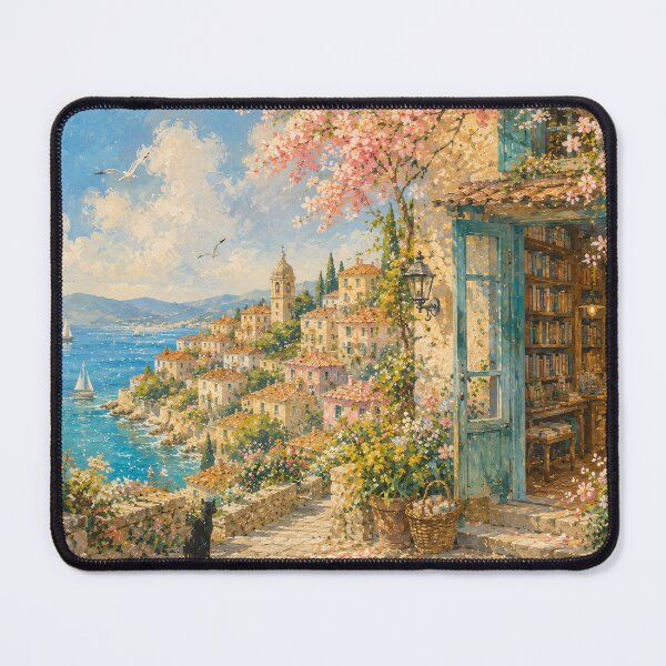 Item preview, Mediterranean Coastal Oil Painting Bookshop Blooms designed and sold by Jozefin's Studio.