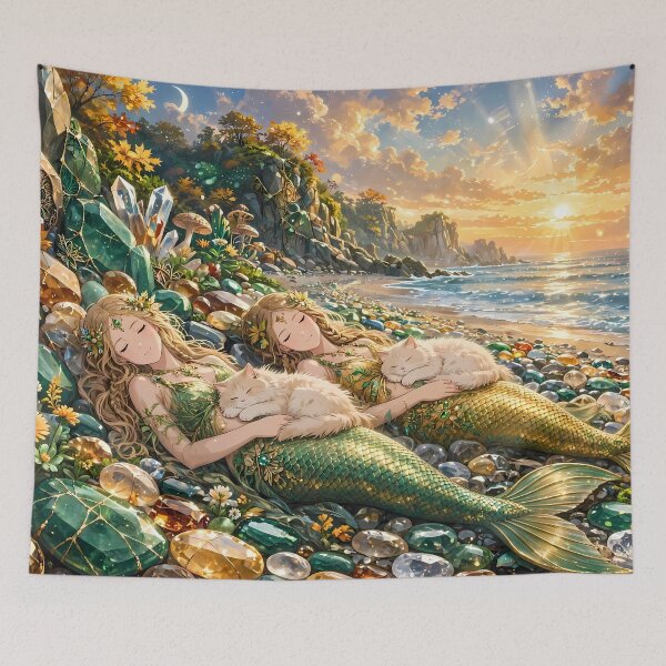 Item preview, Sleeping Twin Mermaids on Gemstone Beach at Sunset designed and sold by m-y-A-I-A-R-T-.
