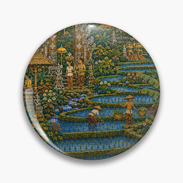 Item preview, Balinese Rice Terrace Painting Tropical Village Folk Art designed and sold by Jozefin's Studio.