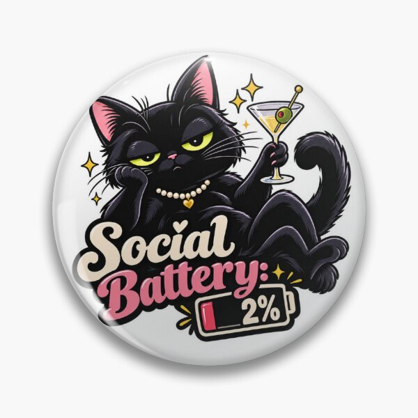 Item preview, Social Battery 2% – Black Cat With Martini designed and sold by alxndrsunny.