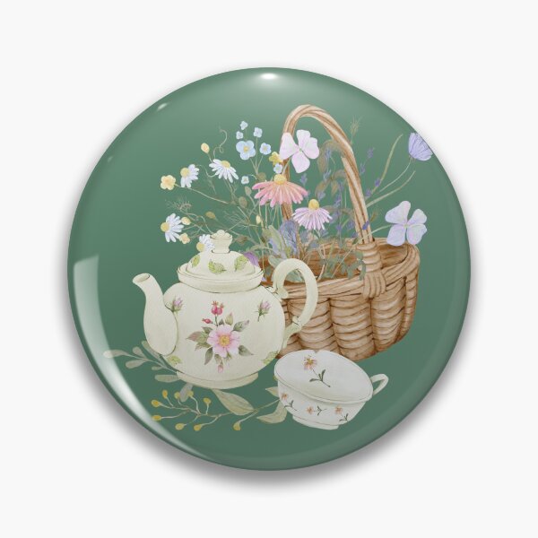 Item preview, Cottagecore Tea Basket with Wildflowers, Floral Teapot and Vintage Picnic Details designed and sold by Sagi Jane Art.
