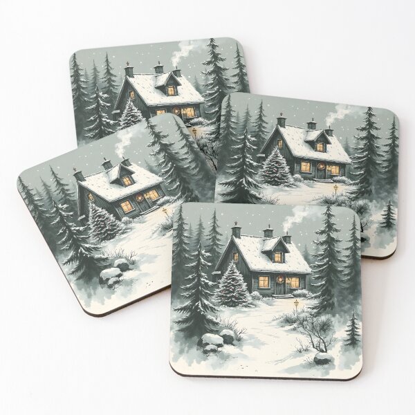 Item preview, Winter Cozy Cabin Illustration with Christmas Tree and Snowy Forest designed and sold by Connys Colorful World.