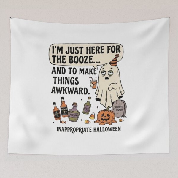 Item preview, "I'm Just Here For The Booze..." Funny Awkward Ghost Halloween Graphic T-Shirt Design designed and sold by CreativeNest Prints.