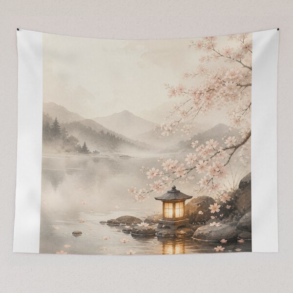 Item preview, Sakura Lantern Wall Art Poster | Cherry Blossom Lake, Japandi Japanese Spring Decor designed and sold by LuminaKage.