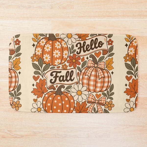 Item preview, Retro Hello Fall Pumpkin Banner Vintage Gingham Floral Typography Graphic designed and sold by PACS0011.