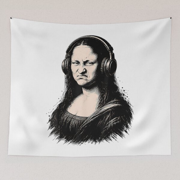 Item preview, Grumpy Mona Lisa Wearing Headphones Meme designed and sold by YeppiStudio.
