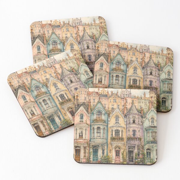 Item preview, Pastel Victorian Townhouses Watercolour Row Street Scene designed and sold by Jozefin's Studio.