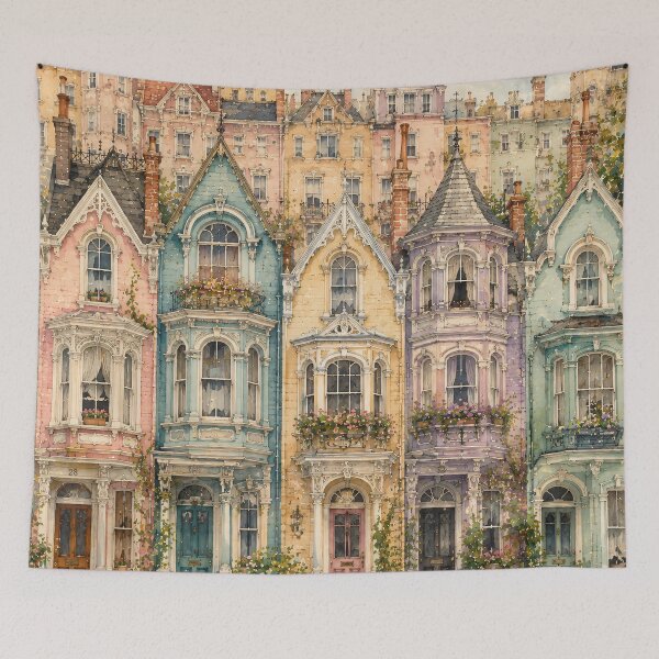 Item preview, Pastel Victorian Townhouses Watercolour Row Street Scene designed and sold by Jozefin's Studio.