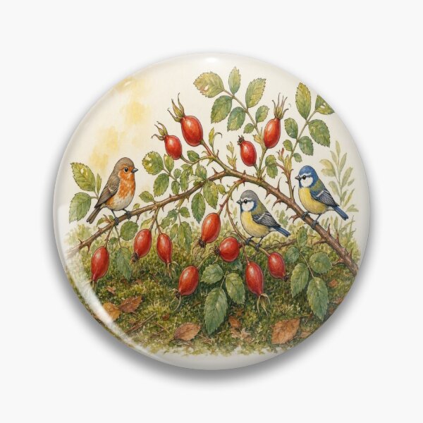 Artikelvorschau, Vintage-Aquarell: Vögel auf einem Hagebuttenzweig (Botanische Illustration) entworfen und verkauft von Breezes-of-Ida.