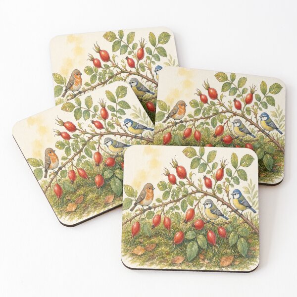 Item preview, Vintage Watercolor Birds on Rosehip Branch Botanical Illustration designed and sold by Breezes-of-Ida.