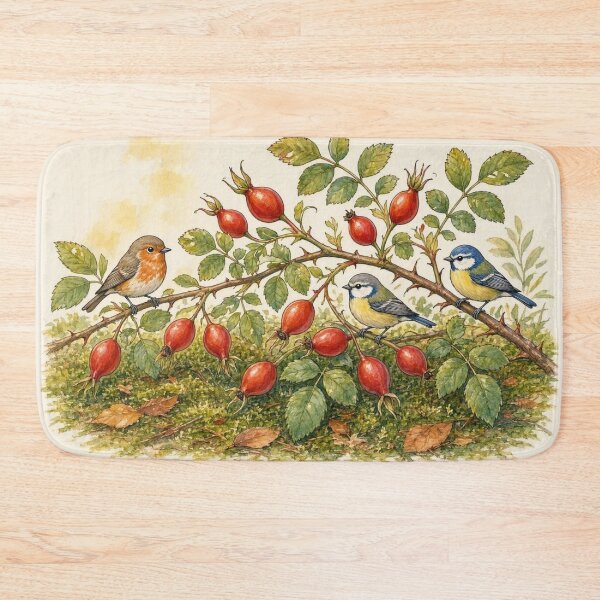 Item preview, Vintage Watercolor Birds on Rosehip Branch Botanical Illustration designed and sold by Breezes-of-Ida.