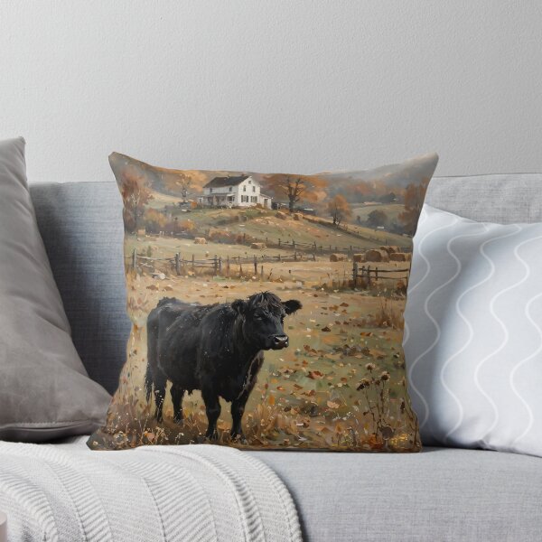 Item preview, Black Angus Cow Autumn Farmhouse Oil Painting designed and sold by Jozefin's Studio.