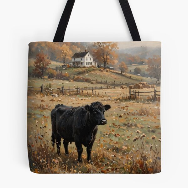 Item preview, Black Angus Cow Autumn Farmhouse Oil Painting designed and sold by Jozefin's Studio.