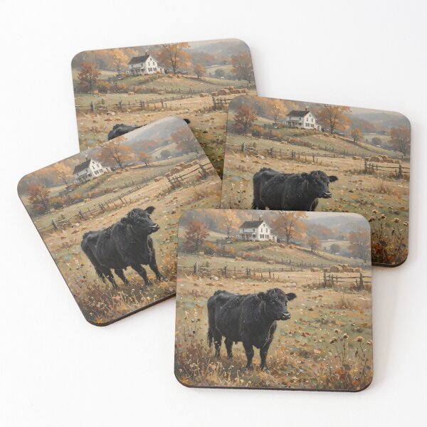 Item preview, Black Angus Cow Autumn Farmhouse Oil Painting designed and sold by Jozefin's Studio.