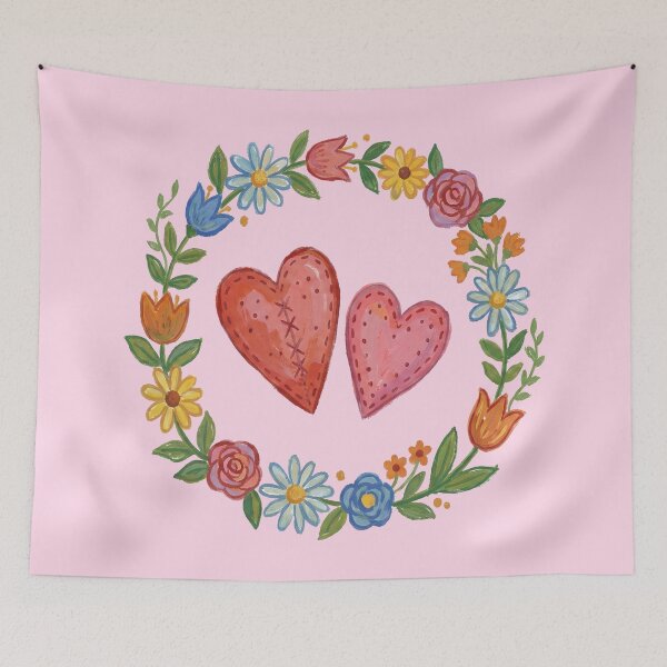 Item preview, Stitched Hearts Folk Wreath - Slavic Naive Art Wedding Print designed and sold by FreiherrPK.