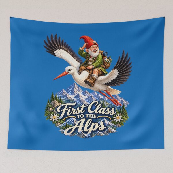 Item preview, First Class to the Alps – Alpine Gnome Riding a Stork designed and sold by Alpine-Ink.