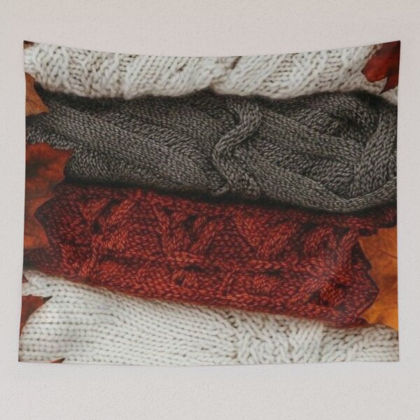 Item preview, Cozy Knitted Sweaters Stack with Autumn Leaves — Warm Fall Hygge Texture designed and sold by LYAN-STORE.