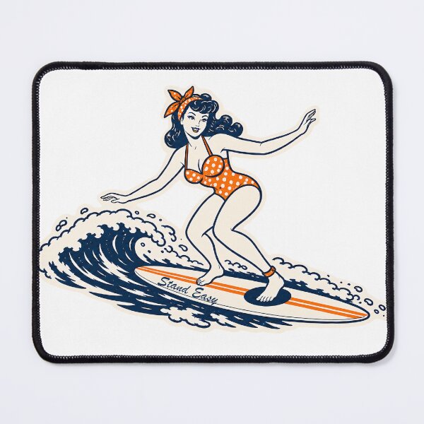 Item preview, Stand Easy Surf Crew Tshirt - Female Longboard Surfer - Mid Century Bettie Page designed and sold by Bombergirls.