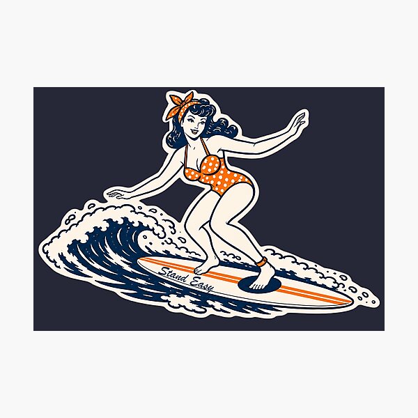 Item preview, Stand Easy Surf Crew Tshirt - Female Longboard Surfer - Mid Century Bettie Page designed and sold by Bombergirls.