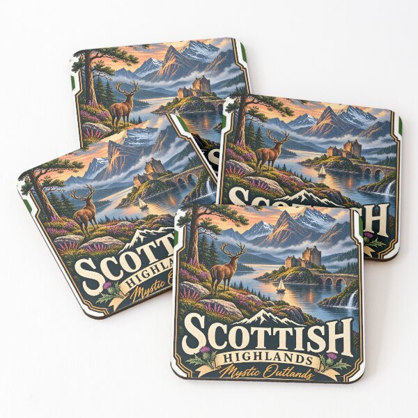 Item preview, Mystic Outlands Scottish Highlands Vintage Travel Poster – Mountain Lake & Stag designed and sold by MR-HOOBY.
