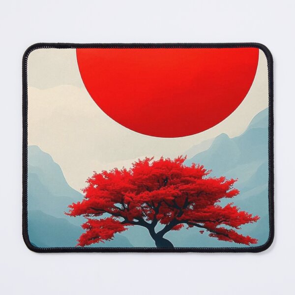 Item preview, Japanese Red Bonsai Tree and Sun Landscape — Minimalist Oriental Art designed and sold by LYAN-STORE.